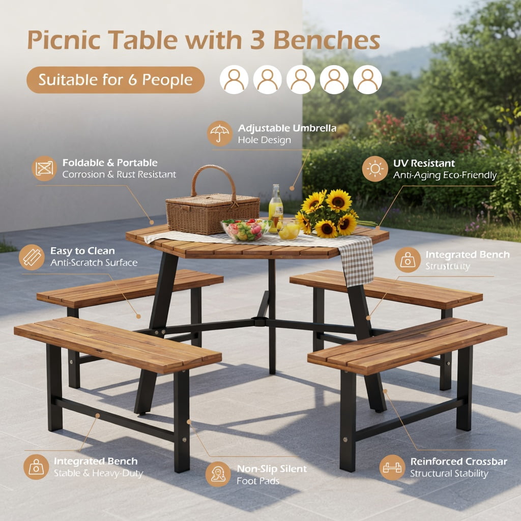 Hommoo 6-Person Acacia Wood Outdoor Picnic Table Set with 3 Benches, Rust-Resistant Metal Frame, Umbrella Hole & Adjustable Feet, Brown & Black