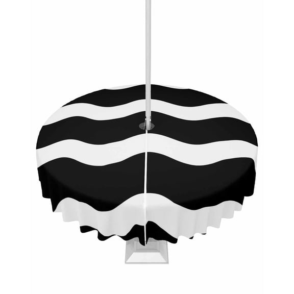 Outdoor Tablecloth with Umbrella Hole and Zipper Black and White Stripes Round Tablecloths 60 Inch Waterproof Table Cloths Sea Wave Patio Table Cover for Outdoor Tables Picnic BBQS Party Decor