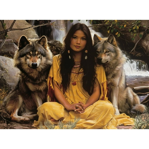 American Native Indian Woman and Wolves 5D Diamond Art Painting by Number Kits for Adults DIY Paint with Round Full Drill Diamond Gems Painting Art Craft for Home Wall Decor 15.8x19.8in