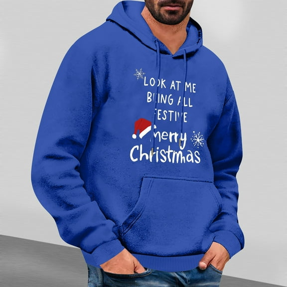 EchfiProm Pullover Hoodies for Men with Pockets Merry Christmas Hooded Blue Xmas Mens Sweatshirt Graphic L