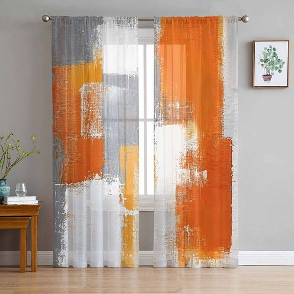 Burnt Orange Grey Semi Sheer Curtains 63 Inch Length 2 Panels Set, Modern Oil Painted Geometric Abstract Sheer Kitchen Curtain Privacy Voile Window Curtain for Living Room Bedroom Rod Pocket Drapes