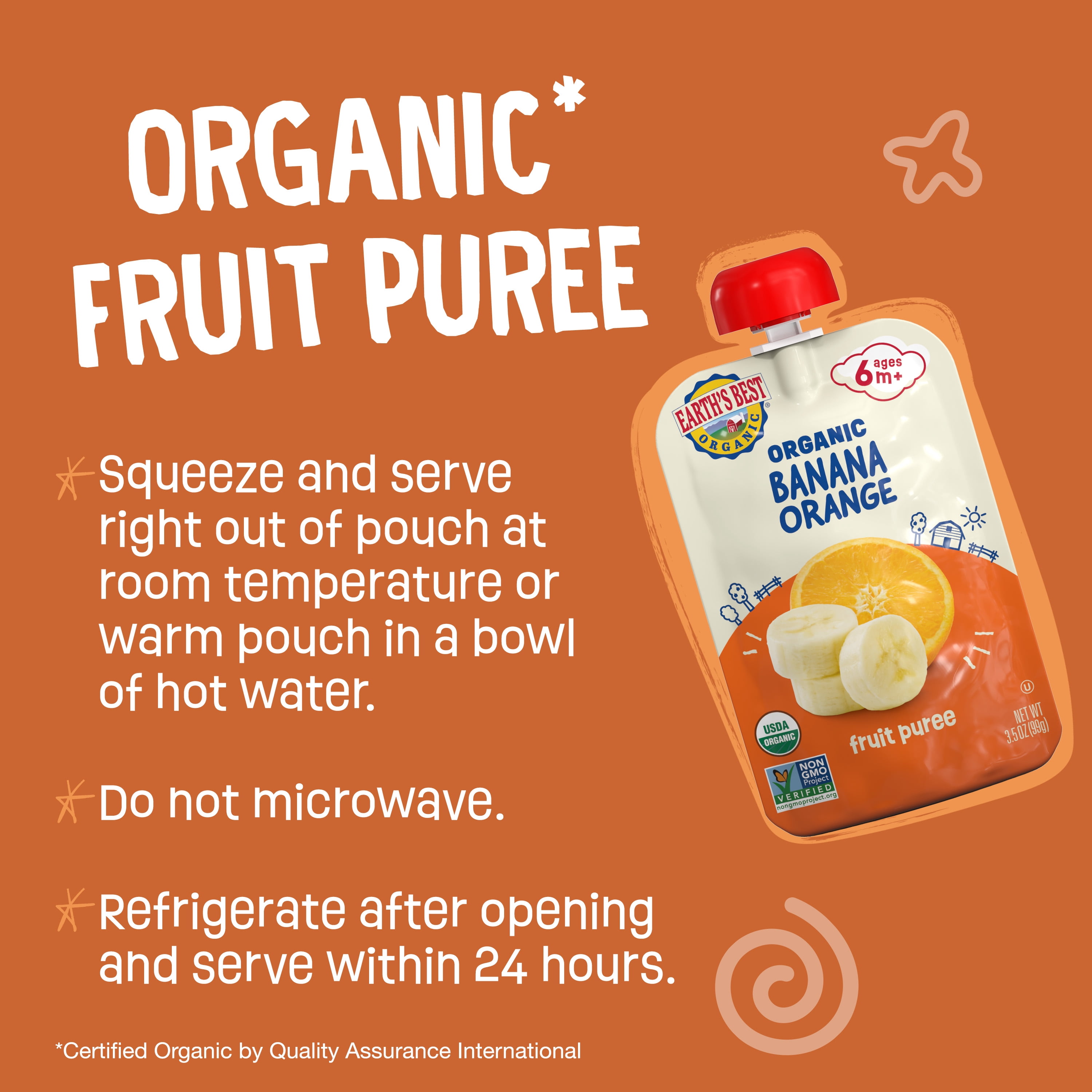 Earth's Best Organic Stage 2 Baby Food, Banana Orange Fruit Puree, 3.5 oz Pouch
