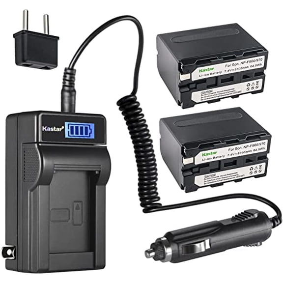 Kastar 2-Pack NP-F970 Battery and LCD AC Charger Compatible with Sony NP-F330 NP-F550 NP-F570 NP-F730 NP-F750 NP-F770 NP-F780Exp NP-F930 NP-F950 NP-F960 NP-F970 Pro NP-F980 Pro NP-F980 Exp NP-F990 Pro