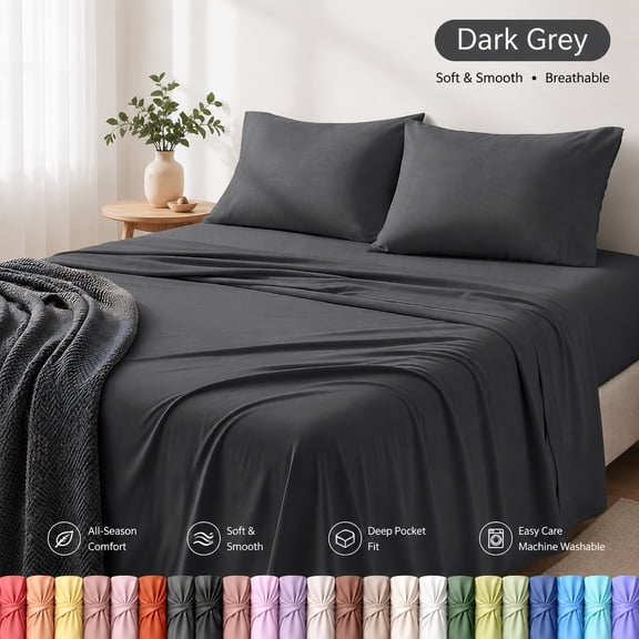 Queen Jersey Knit Sheets Set, 4 Piece, Soft Cotton T-Shirt Feel, Breathable, Dark Grey Bedding