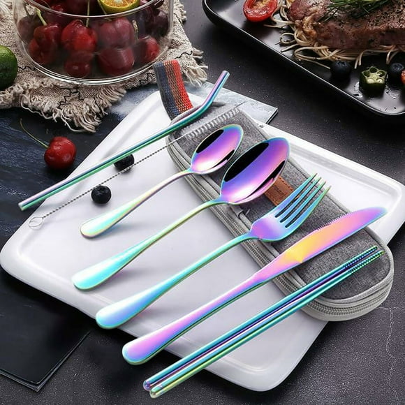 Travel Utensils with Case New Upgrade Travel Utensils Set,Knife, Fork, Spoon, Chopsticks, Straw ,Travel Straws Reusable with Case