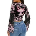 thumbnail image 3 of SCRAWLGOD Pink Axolotl Bell Sleeve Tops for Women Size M Cherry Blossom Lettuce Trim Shirt for Going Out Travel Cropped Long Sleeve Slim Tops Ladies Mock Neck Blouse, 3 of 7