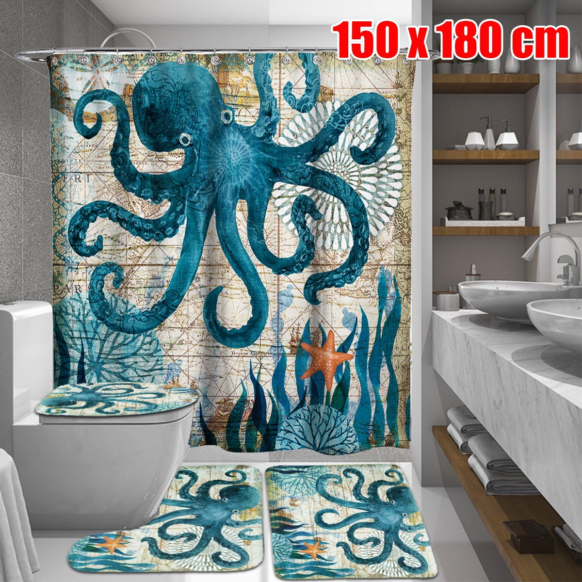 60"x71"Octopus Bath Shower Curtain,Waterproof