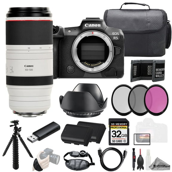 Canon EOS R5 Camera   RF 100-500mm f/4.5-7.1 L IS USM Lens  32GB   Ext Bat  3 PC Filter- Kit (International Version)
