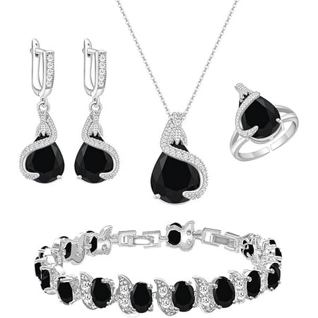 ZLC Jewelry Set for Women Water Drop Cubic Zirconia Artificial Crystal Earrings Pendant Necklace Open Ring Tennis Bracelet Wedding Anniversary Birthday Engagement Gift