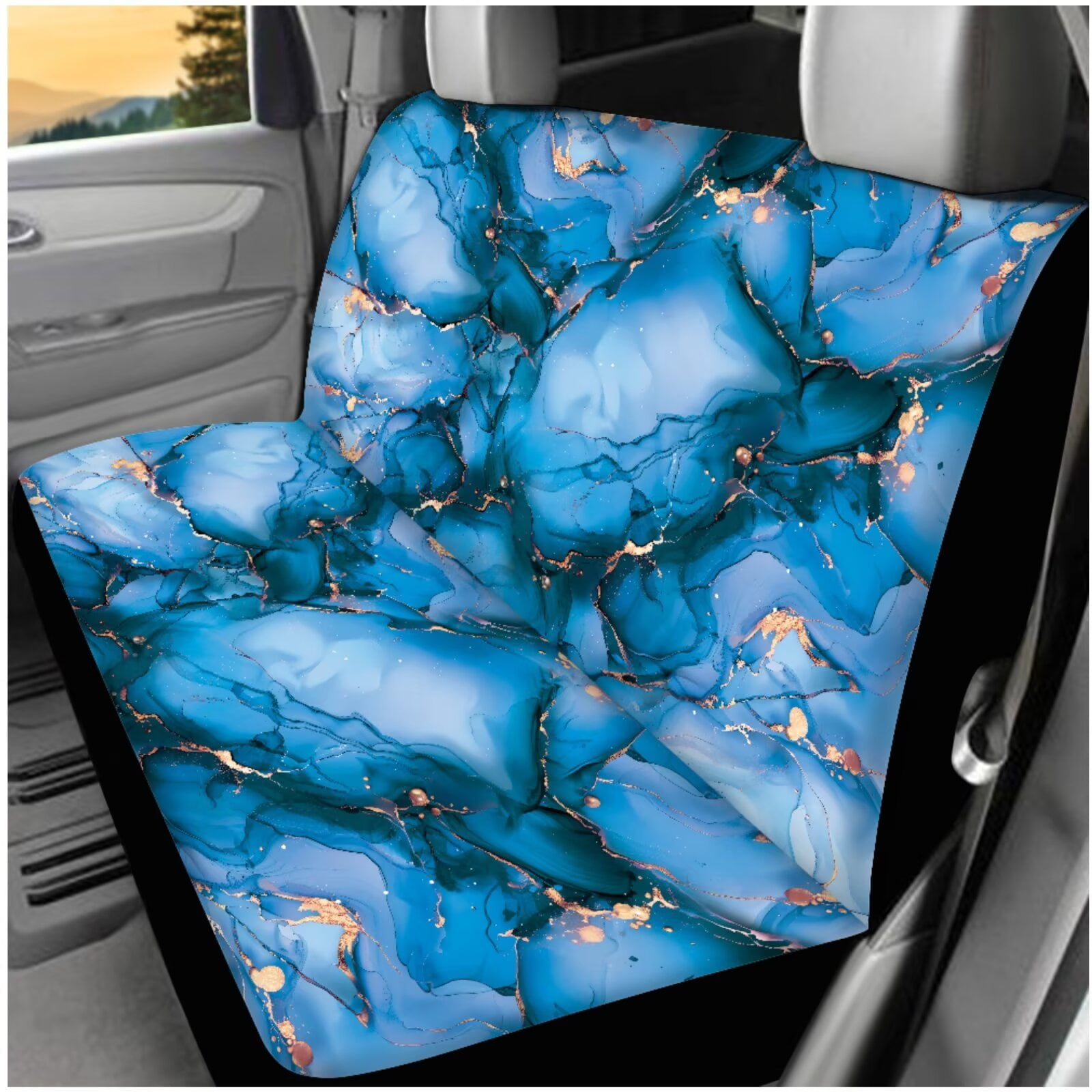 HUIACONG Blue Marble Print Car Seat Covers Full Set Front and Back with Steering Wheel Cover Seatbelt Covers Coasters Arm Rest Cover Headrest Cover Keychain 14 Pcs