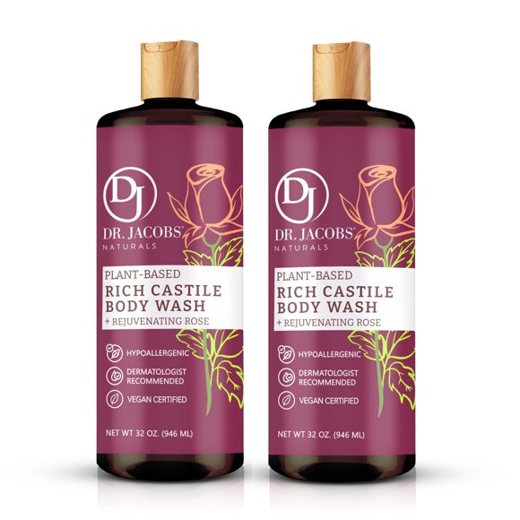 DR. JACOBS NATURALS Castile Rose gel de baño natural para hidratar la piel seca y sensible, champú con ingredientes a base de plantas, fórmula sin conservantes de gluten, 32 oz, paquete de 2