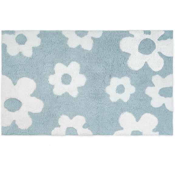 HomeRoots 635405 32 in. Blue & White Cotton Floral Bath Rug