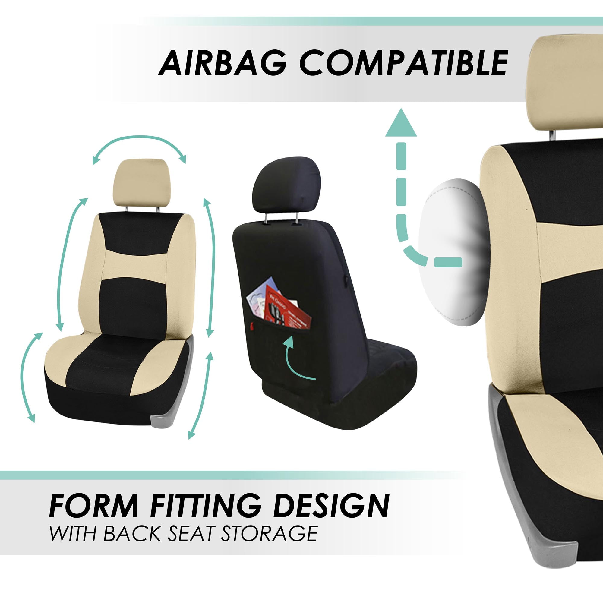 FH Group Light & Breezy Flat Cloth Car Seat Cover Set For Car Truck SUV Van Beige - Front