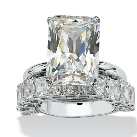 9.00 TCW Emerald-Cut Cubic Zirconia Platinum-Plated Bridal Engagement Ring Wedding Band (Best Wedding Band For Emerald Cut Engagement Ring)