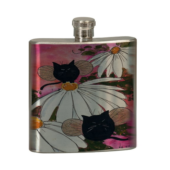 KuzmarK 6 oz. Stainless Steel Pocket Hip Liquor Flask - Chubby Black Kitty Fairies with Shasta Daisies Abstract Cat Art by Denise Every