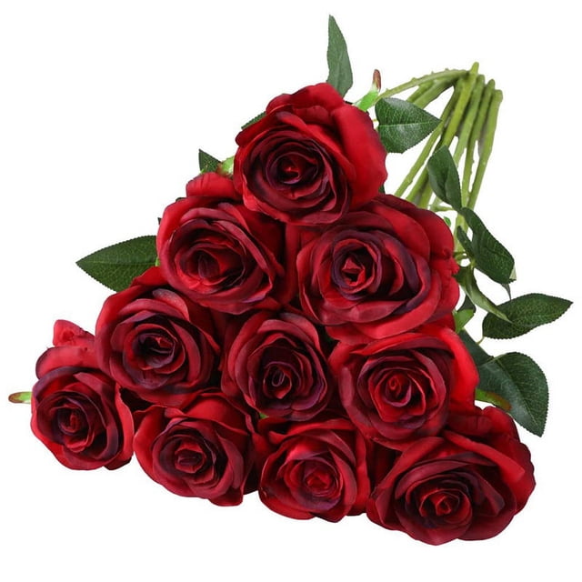 Nvzi Rosas artificiales realistas con tallos para decoración de ramos de novia, 10 unidades (rojo oscuro)
