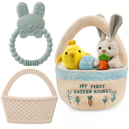 Easter Plush and Teether Baby Playset - Squeaky Bunny Chicken Easter Egg Plush Toys and Silicone Teethers - Perfect Gift for Newborns and Babies