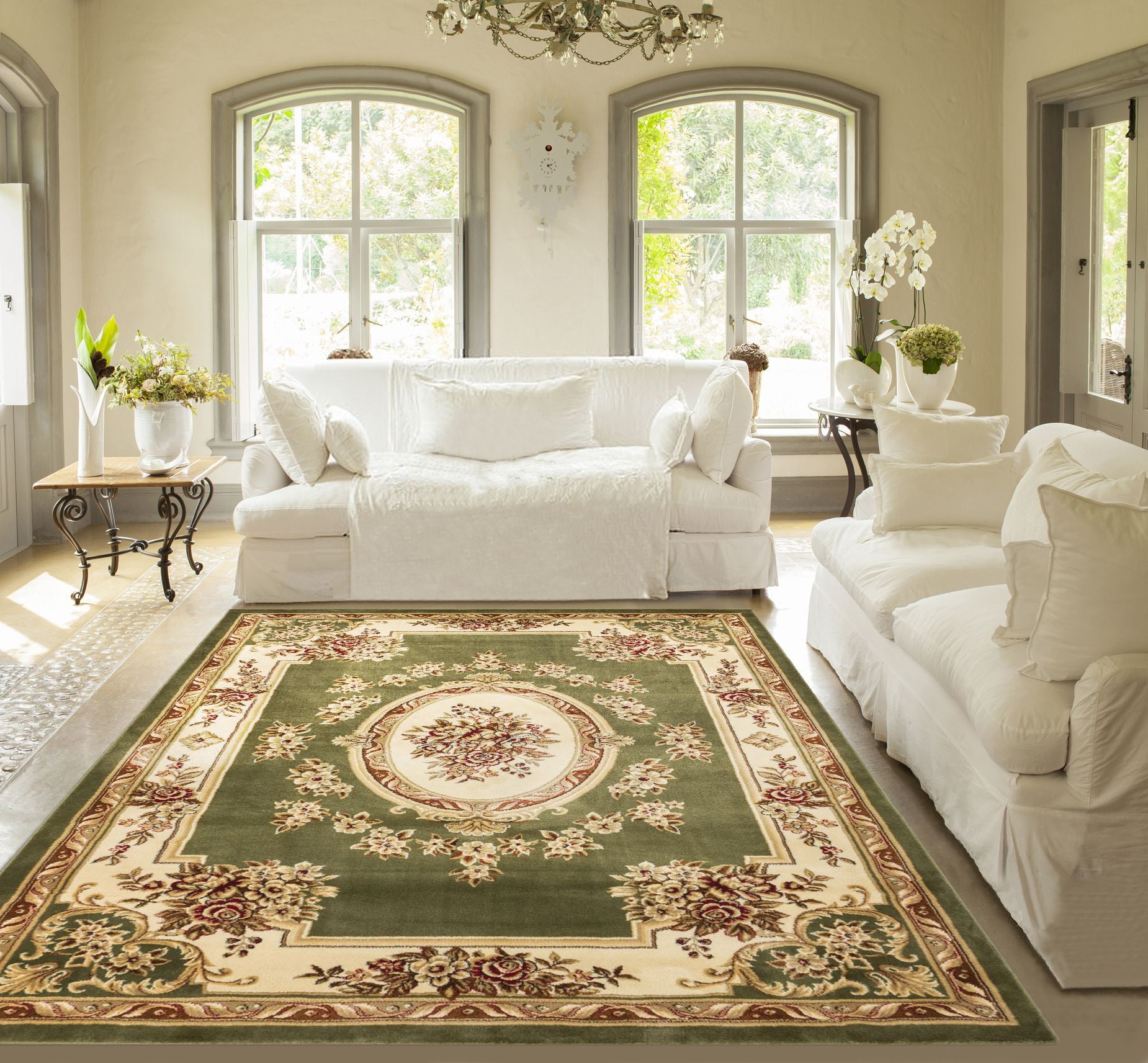 Well Woven Pastoral Medallion Green French European Formal Traditional