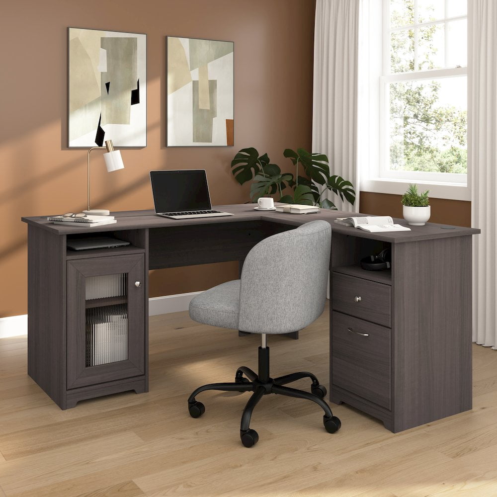 Cabot Modern 60W L Desk with File Drawer, Box Drawer and Storage Cabinet in Heather Gray