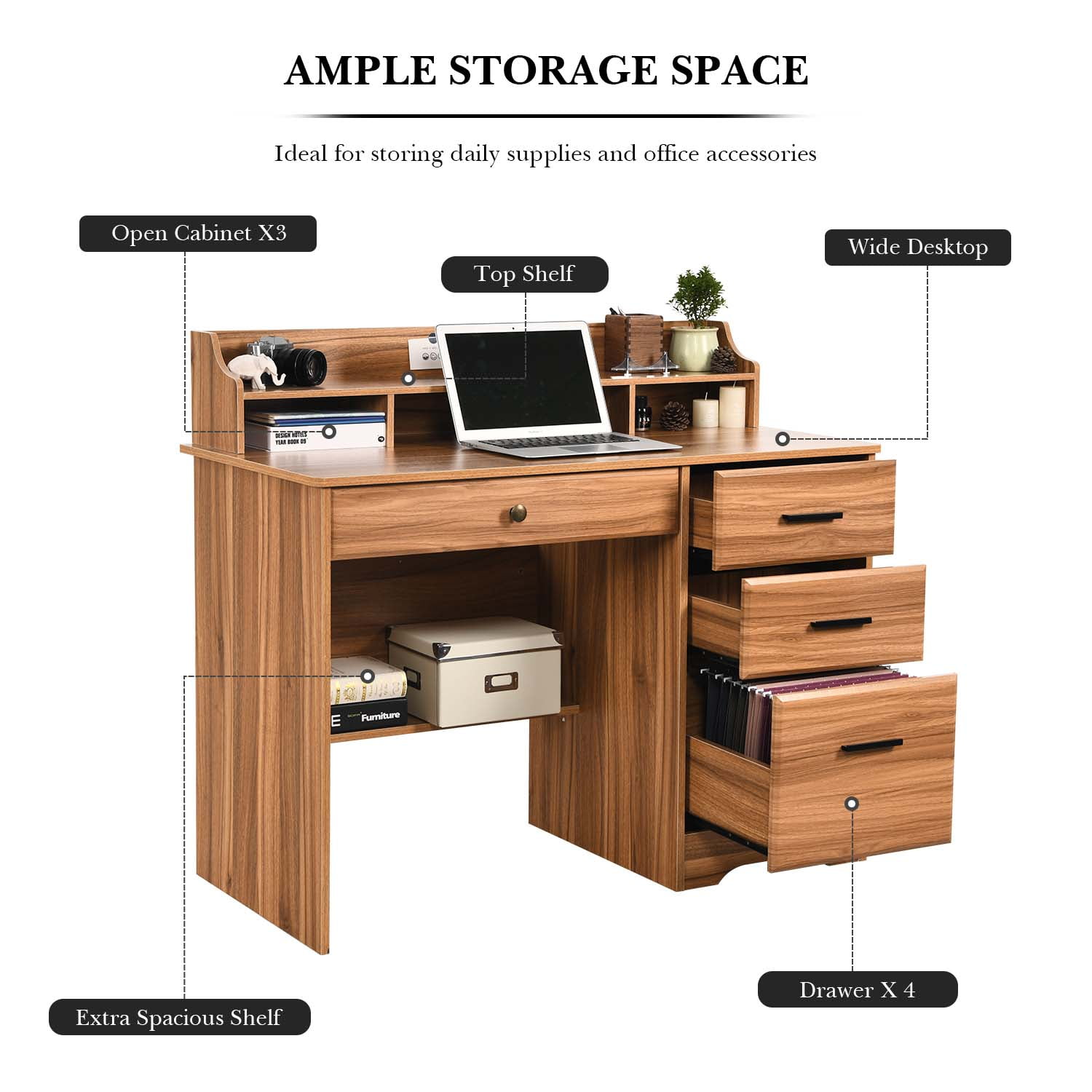 4 Ever Winner Wooden Computer Desk with Hutch Shelf and Storage, Brown