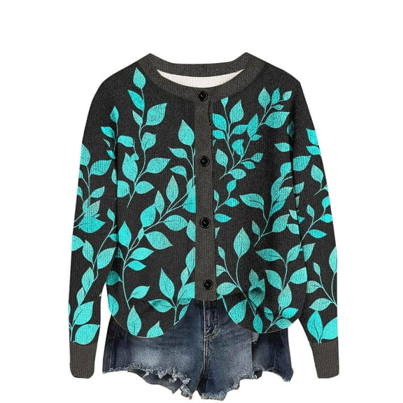 Uaswgudfs Women's Fashion Casual Leaf Printed Knitted Cardigan Long Sleeve Button Down Crew Neck Casual Jacket for Spring & Fall Styling Green L