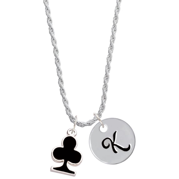 Delight Jewelry Silvertone Card Suit - Black Club Silvertone Script Initial Disc - K - Charm Necklace, 20"+3"