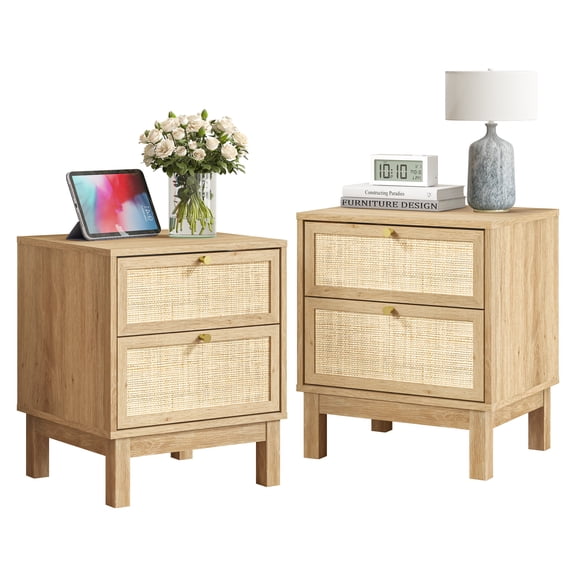 Swedhaus 2PCS Rattan Nightstand with 2 Drawers, Boho Bedside Table with Golden Handles and Solid Wood Legs, Natural Oak End Table for Bedroom, Living Room