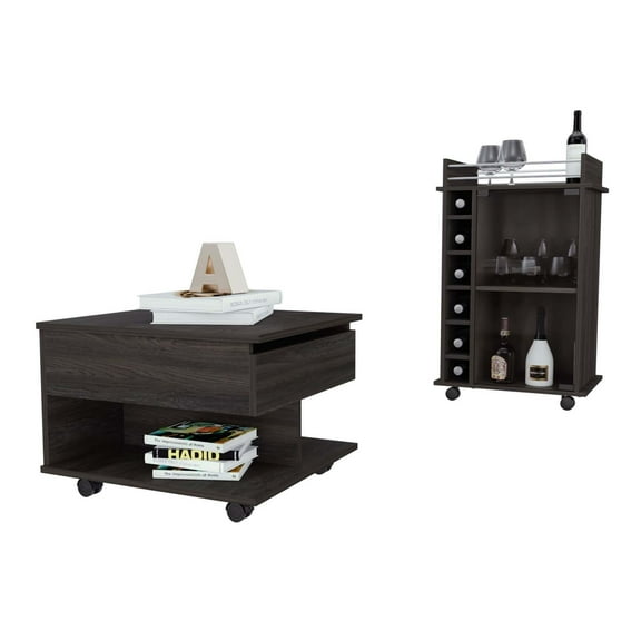 Riverside 2 Piece Living Room Set, Dukat Bar Cart   Luanda Lift Top Coffee Table, Espresso