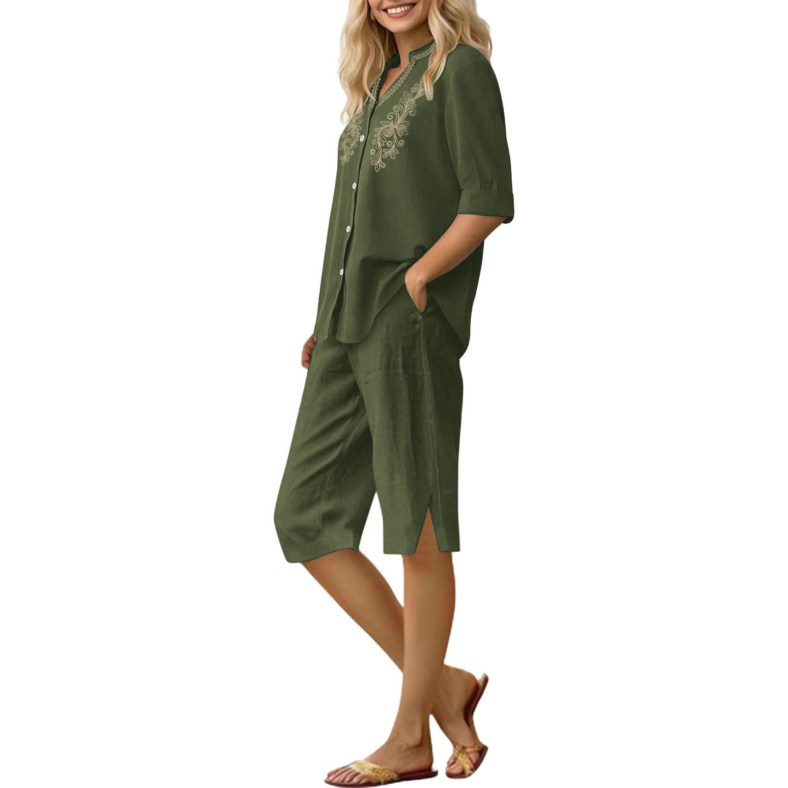 Womens 2 Piece Outfits Short Sleeve Cotton Linen Embroidered Shirts Wide Leg Capri Pants Matching Sets