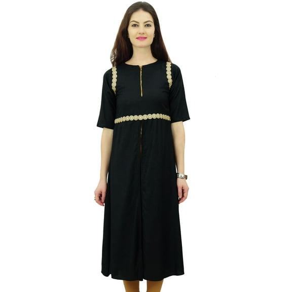 Phagun Women Black Rayon Kurti Lace Work Chic Kurta Zipper Front Slit Tunic - 4