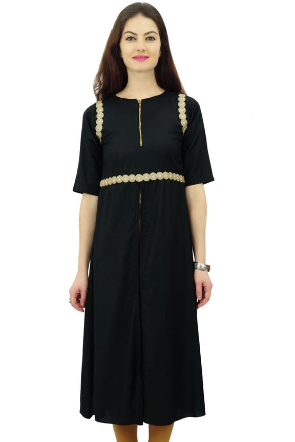 Women Black Rayon Kurti Lace Work Chic Kurta Zipper Front Slit Tunic - 8