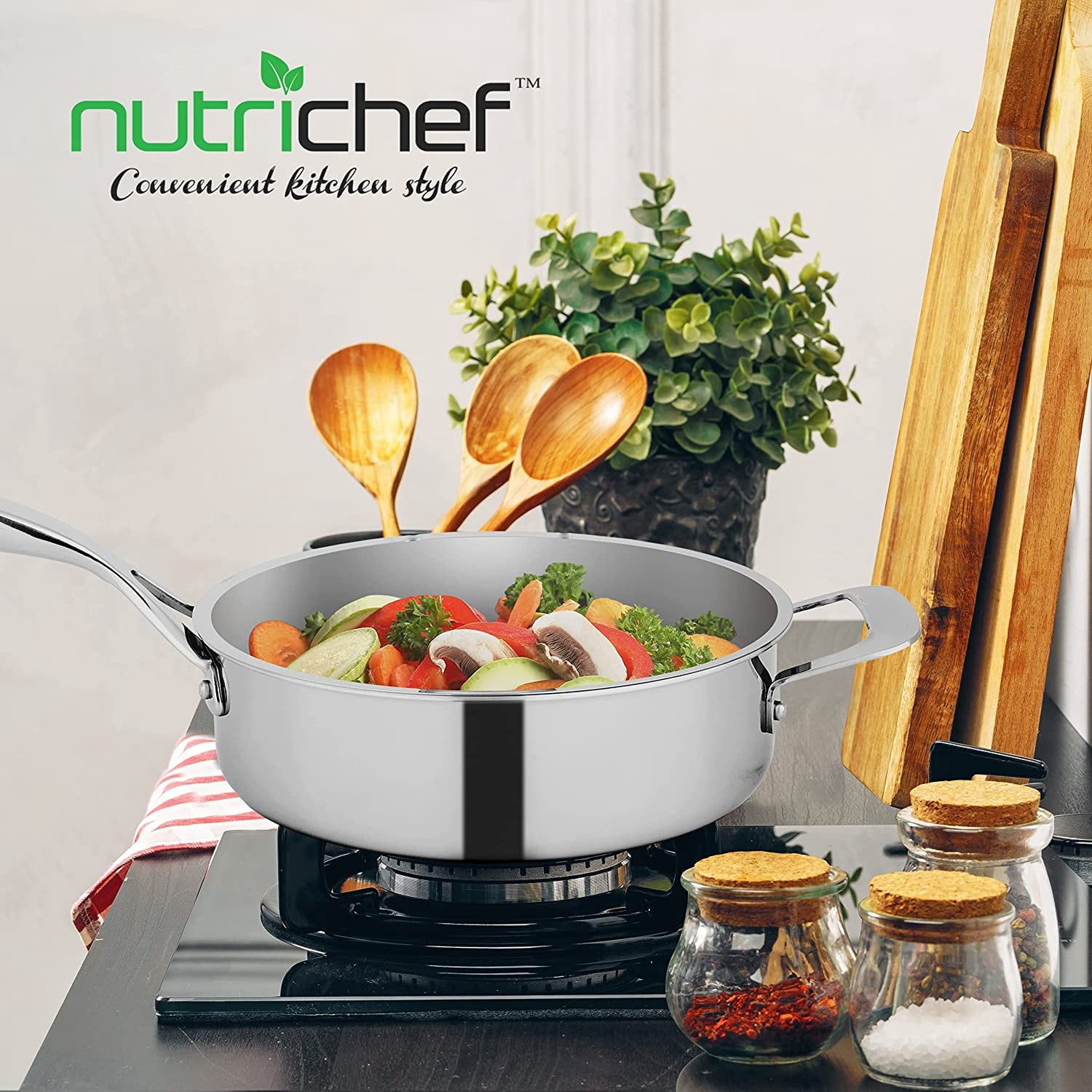 NutriChef 3.4-Quart Sauté W/ Lid Stainless Steel Stain-Resistant Kitchen Cookware W/ Satin Interior