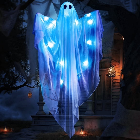 Joyfy 47 Inch Hanging Ghosts Halloween Decor,Halloween Light up White Ghosts with Spooky Blue LED Light,Halloween Outdoor Yard Porch Decorations,Haunted House Decorations