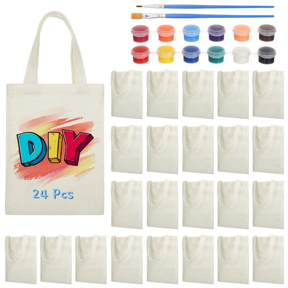 24 Pcs Mini Blank Canvas Tote Bags for DIY,Reusable Handbags for Little Ones,Grocery Bags with 12-color Acrylic Paint Set,Small Sack Goody Bags for Arts & Crafts