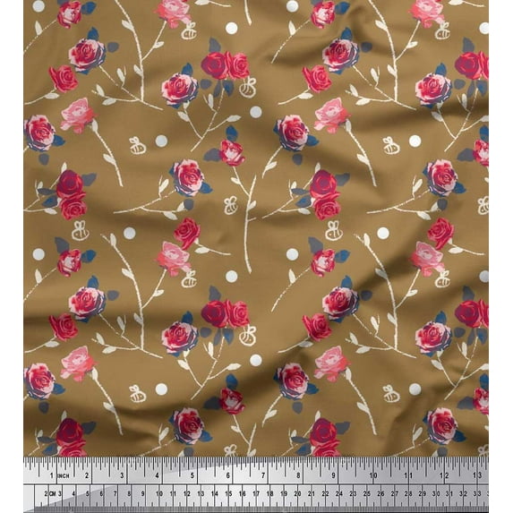 Soimoi Satin Silk Fabric Leaves, & Rose Floral Printed Fabric 1 Yard 42 Inch Wide