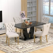 63" Modern Black Rectangle Faux Marble Dining Table Room Sets for 4,Dining Table with 4 Velvet Dining Chairs,Black Table and 4 Beige Chairs with Golden Leg