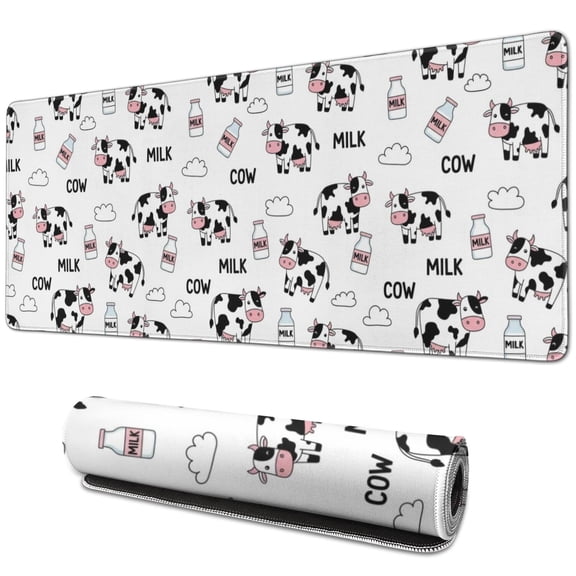 Long Mouse Pads for Desk,White Cow Milk Cow Pattern Desk Mats on Top Of Desks, Desk Mouse Pad Extra Large with 3mm Non-Slip Base and Stitched Edge for Gaming,Office,Work,Home 31.5"x11.8"