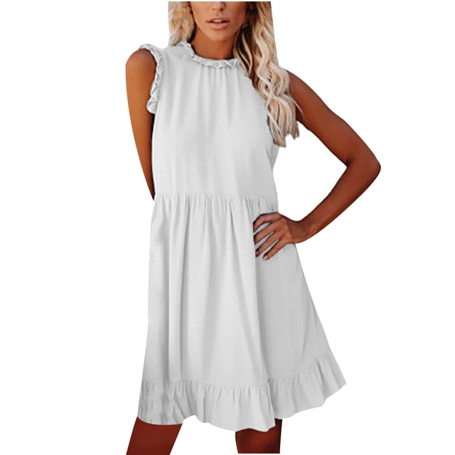 Fridja Womens O-Neck Été Sans Manches Solide Soirée Sling Mini Robe