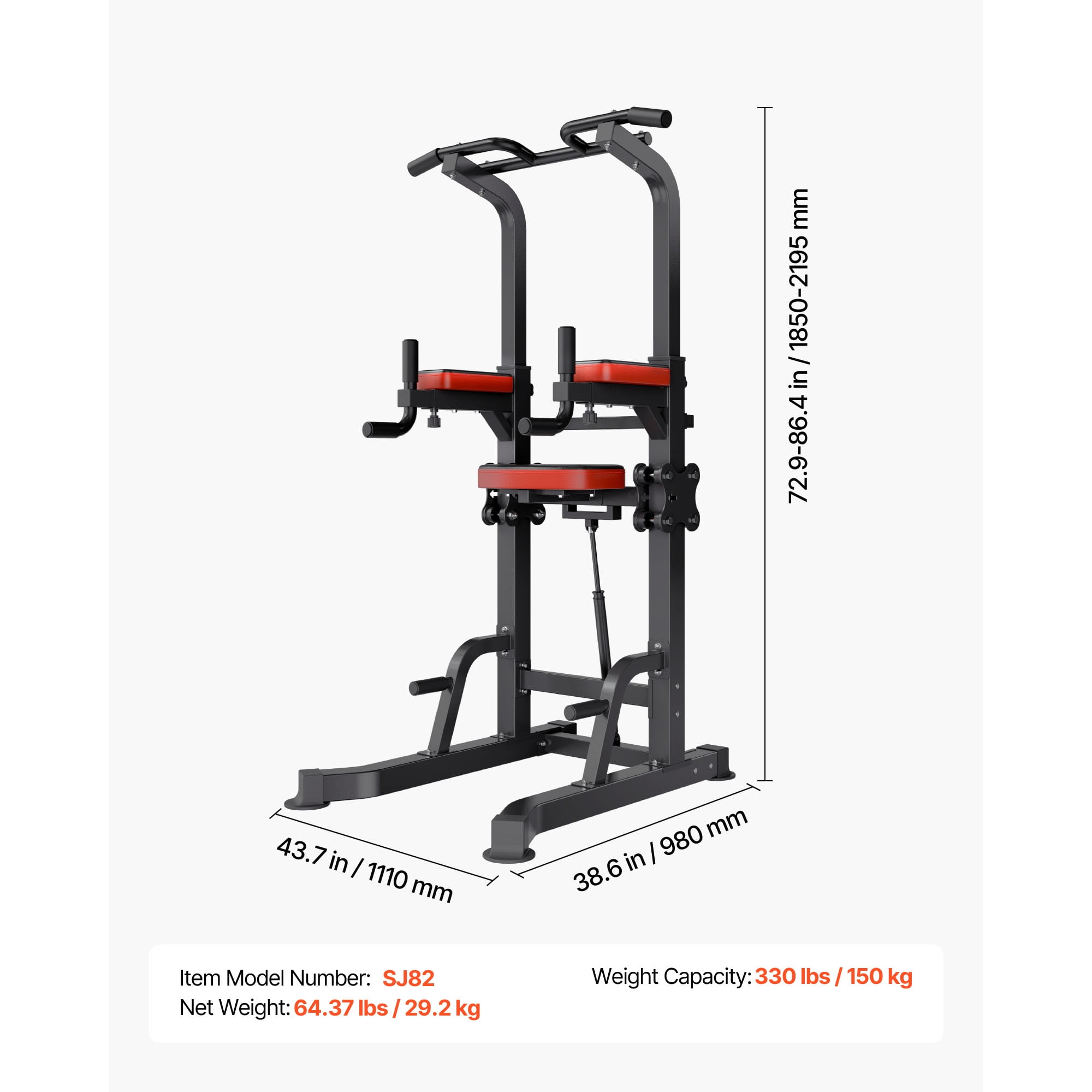KFFKFF Pull Up Bar, 330 LBS Capacity Power Tower Dip Station, Fitness Dip Station with Stable H-Shaped Base & Support Platform, 9-Level Adjustable