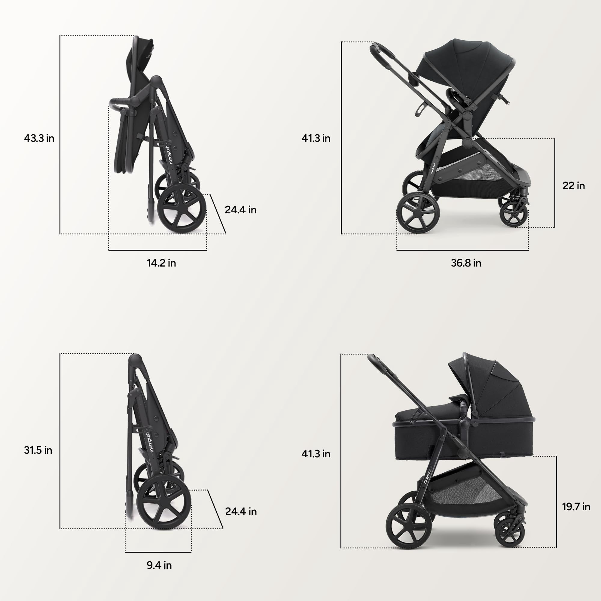 Mompush Wiz 2-in-1 Baby Stroller with Bassinet Mode, Reversible Seat and Large Canopy, Black, 22.3LB, Unisex