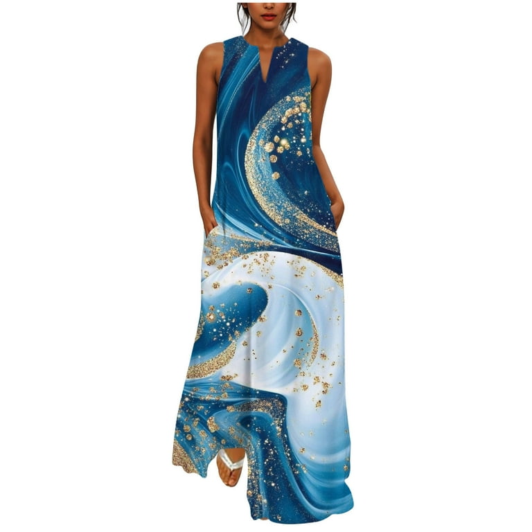 Dresses for Women Print Sleeveless V-Neck Dress Lightweight Beach Dress  Blue XL - Walmart.com