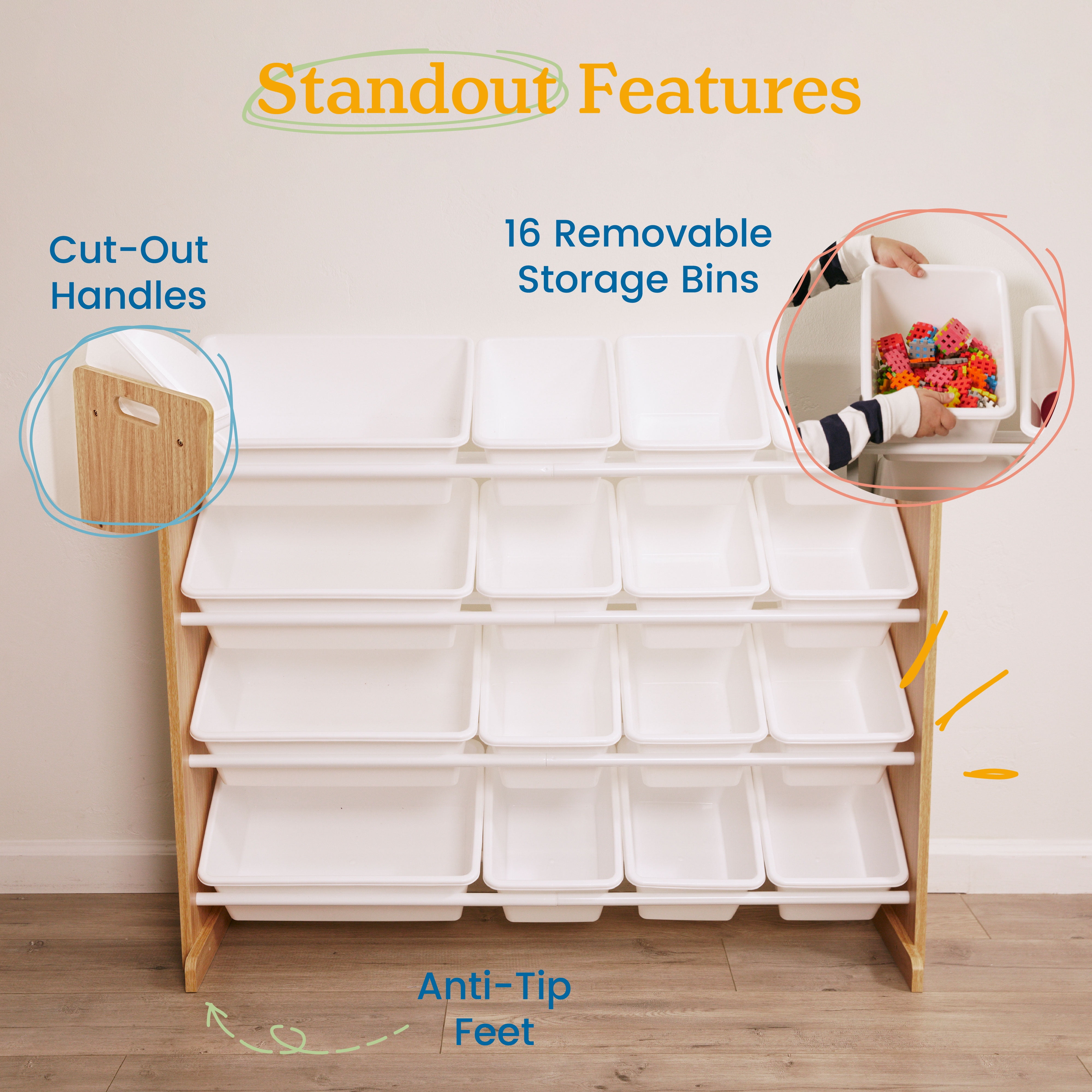 ECR4Kids 4-Tier Organizer with 16 Removable Plastic Bins, 4x4, Toy Storage, Dark Natural/White