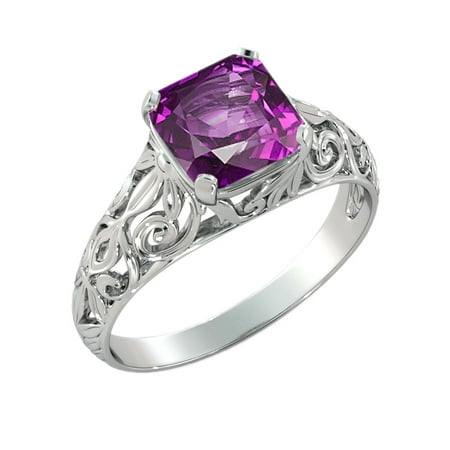- 2 CT Amethyst Ring 14K White Gold Vintage Art Deco Filigree