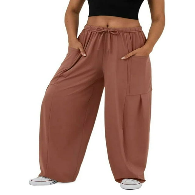 Drawstring Waist Wide Leg Pants with Pockets for Women in Solid Color