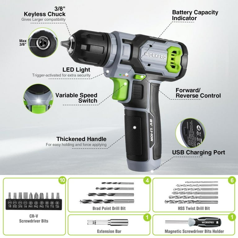 WORKPRO 43PCS Cordless Drill Driver Set, 8V 2.0Ah Electric Driver