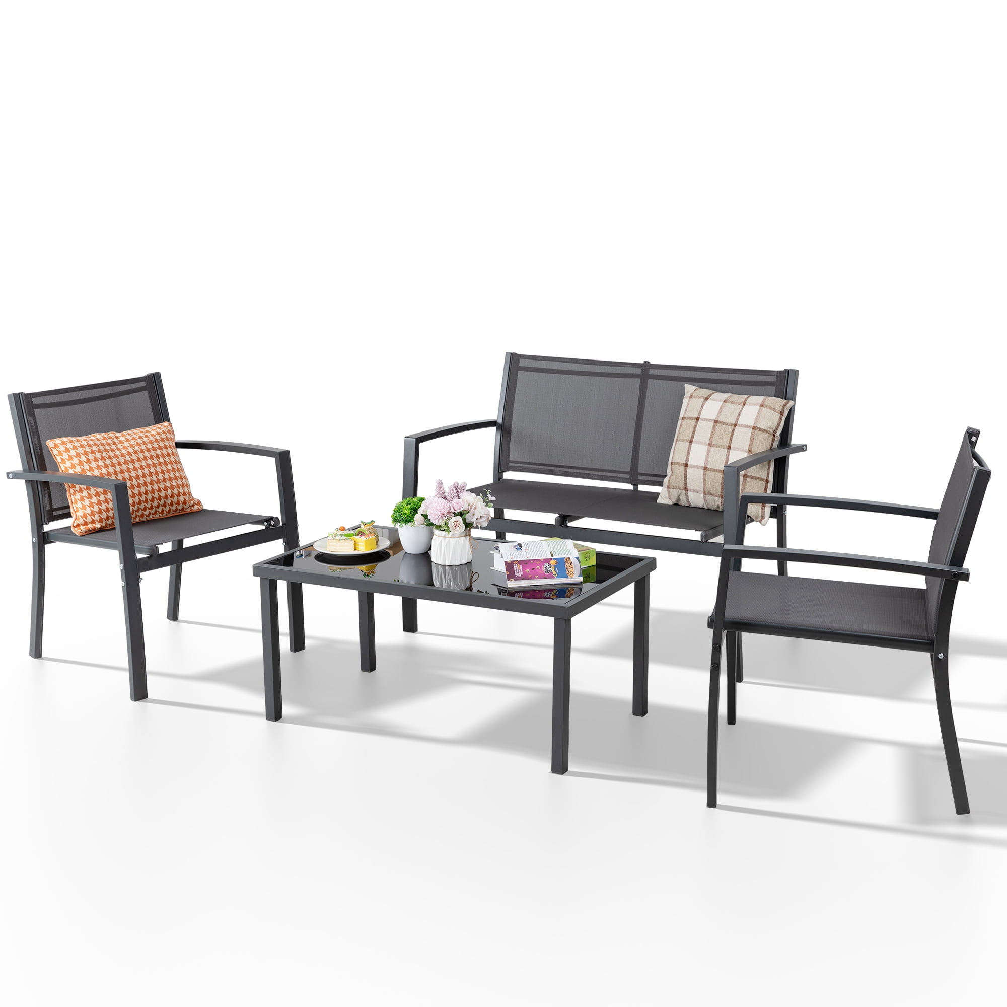 Walsunny 4 Pieces Outdoor Furniture Set All Weather Patio Textilene Steel Conversation Set, Patio Furniture Set Bistro Set with Loveseat ea Table for Lawn and Balcony, Gray