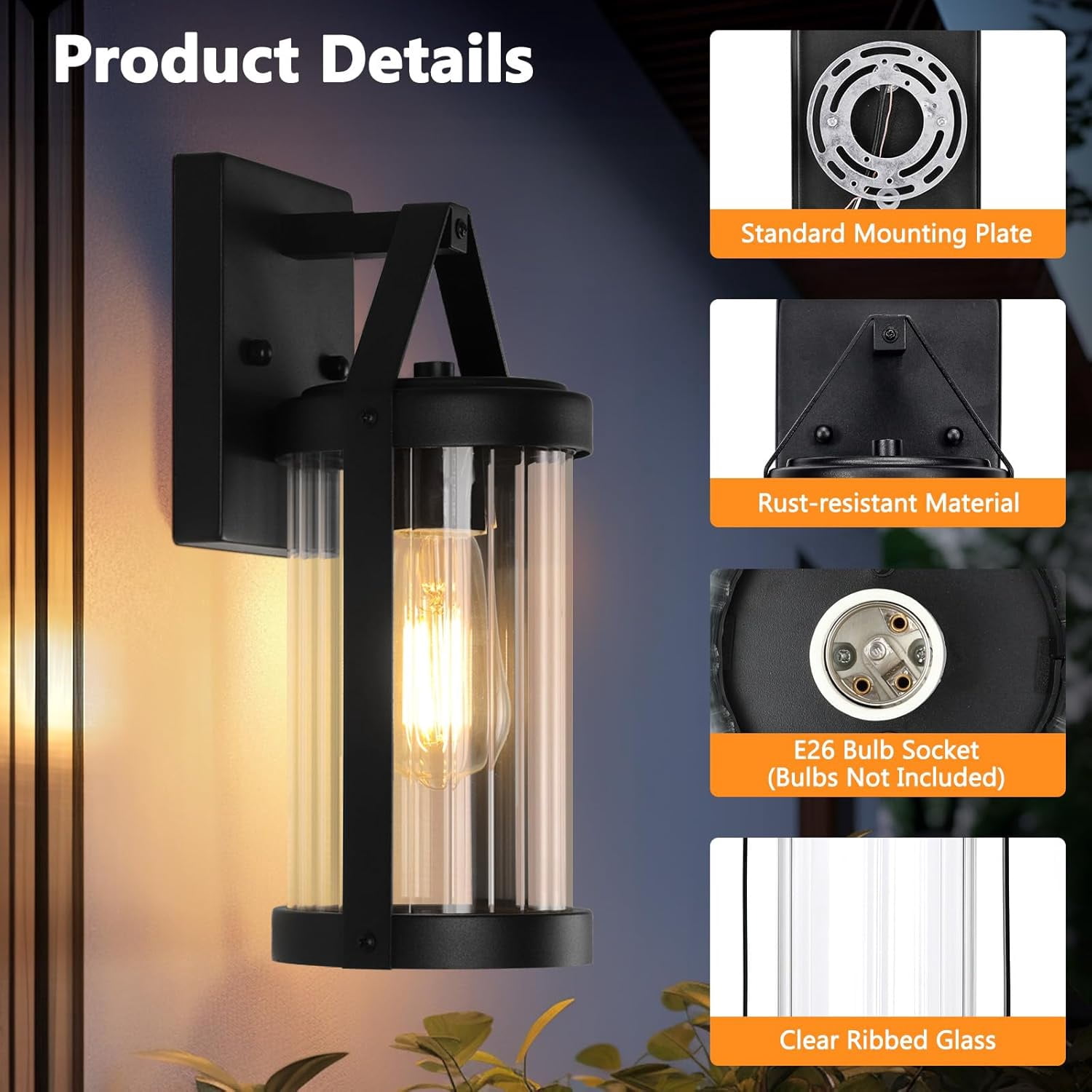 2-Pack Water-Resistant Matte Black Outdoor Wall Lanterns with Clear Ribbed Glass
