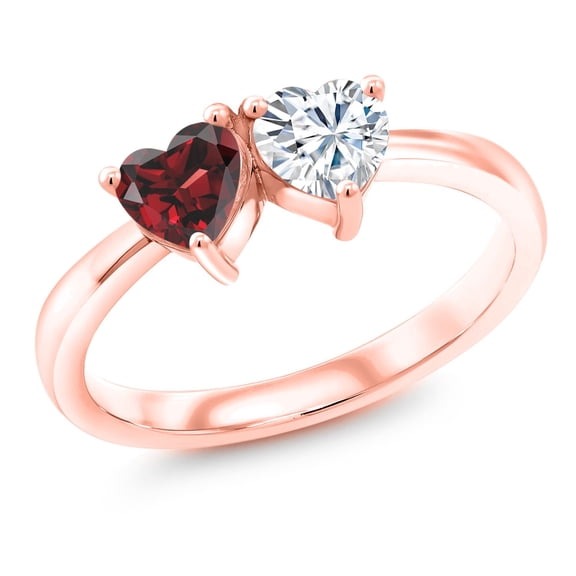 Gem Stone King 18K Rose Gold Plated Silver Fashion Right-Hand Ring Set with Heart Shape Red Garnet and Moissanite (1.10 Cttw, Size 5)