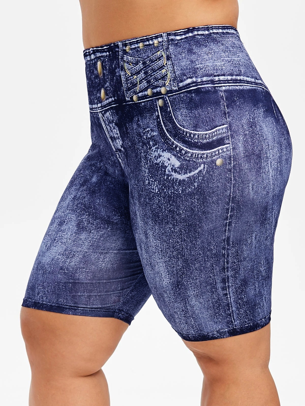 Women Plus Size 3D Print Faux Denim Shorts Casual Capri Short Pants ...