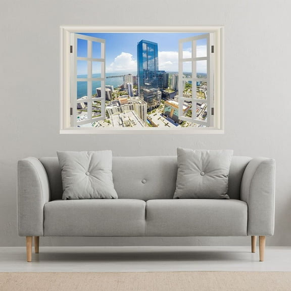 VWAQ - Beach Side Ocean City View Wall Decal Office Window Mural Vinyl Wall Art - NWT33